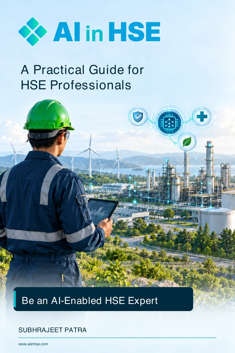 Front cover of AI in HSE: A Practical Guide for HSE Professionals by Subhrajeet Patra, showing an HSE professional with a tablet at an industrial site